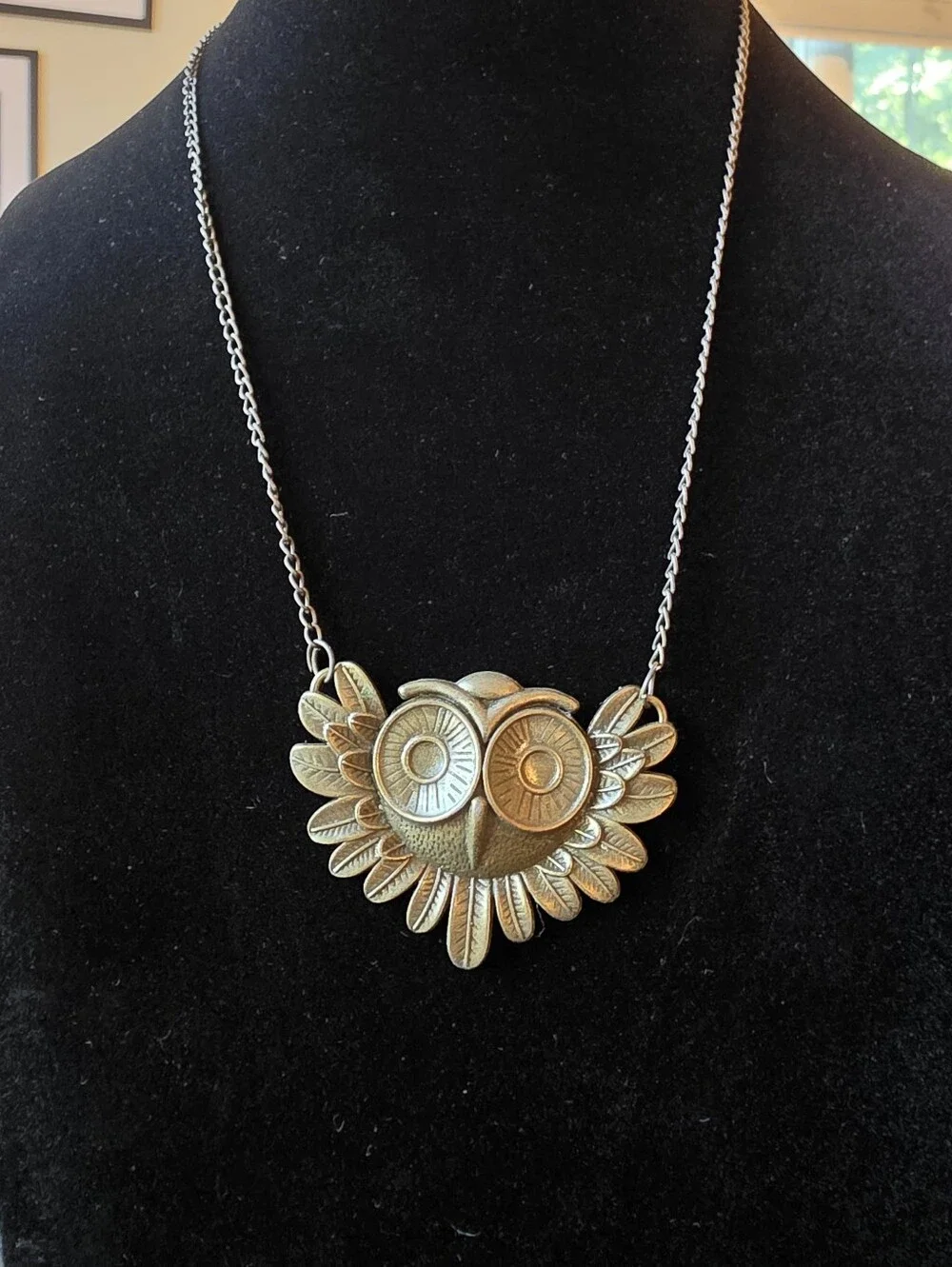 Antique Gold Tone Owl Statement Necklace Long Chain Boho Vintage Style